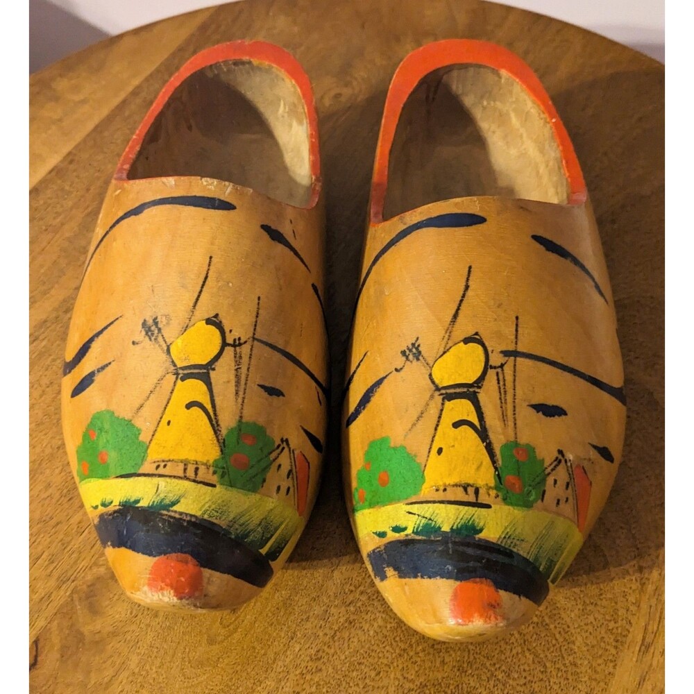 Wooden Dutch Clogs Holland Shoes Hand Carved Hand Painted Vintage Style Set of 2